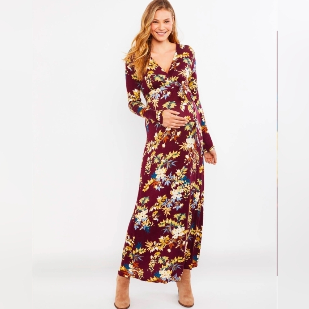 XL • Jessica Simpson Maternity •Floral Surplice Faux Wrap Long Sleeve Maxi Dress